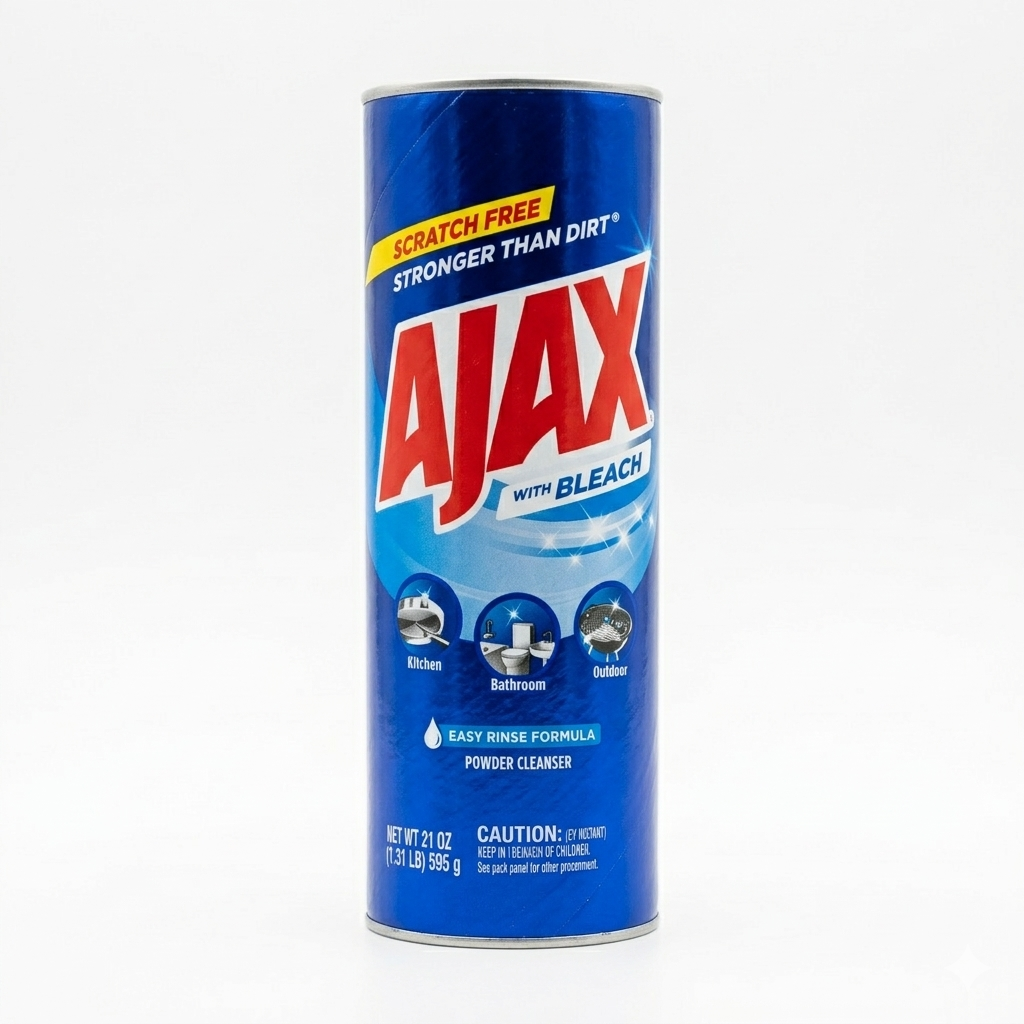 Can of Ajax with Bleach powder cleanser on a white background