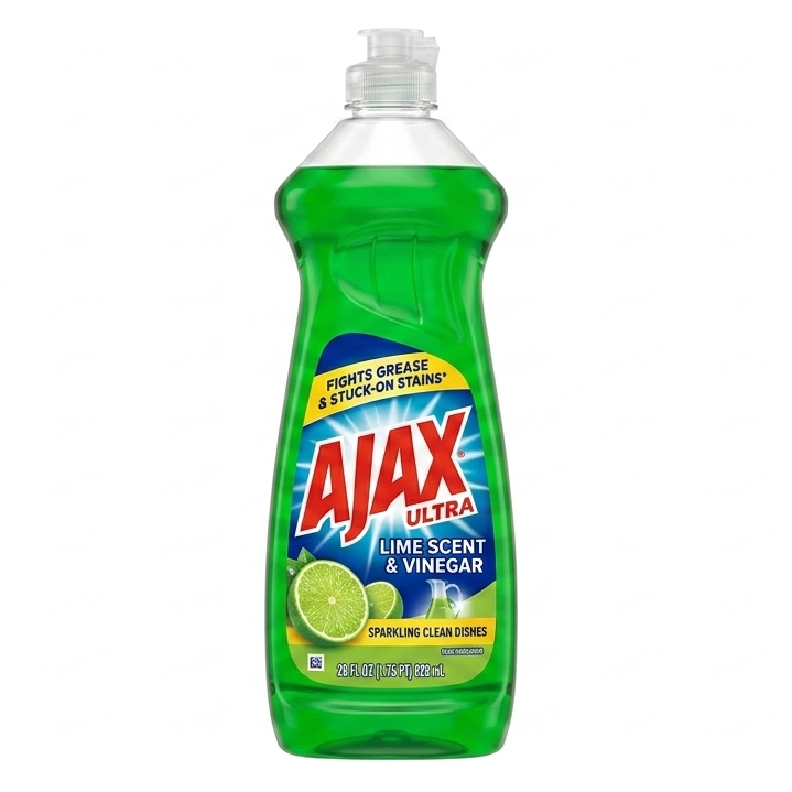 Green bottle of Ajax Ultra dish soap with lime scent and vinegar on a white background