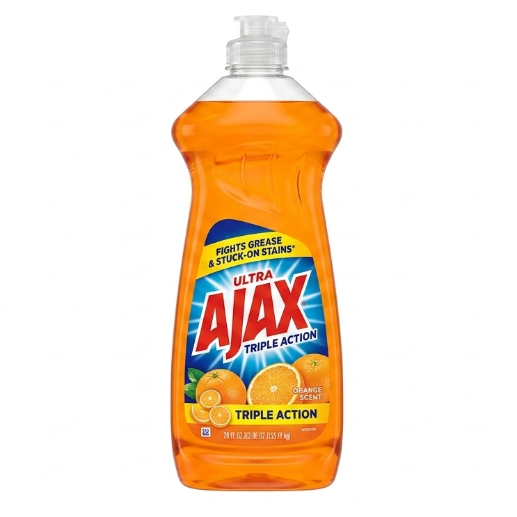 Orange Ajax dish soap bottle with pump on a white background