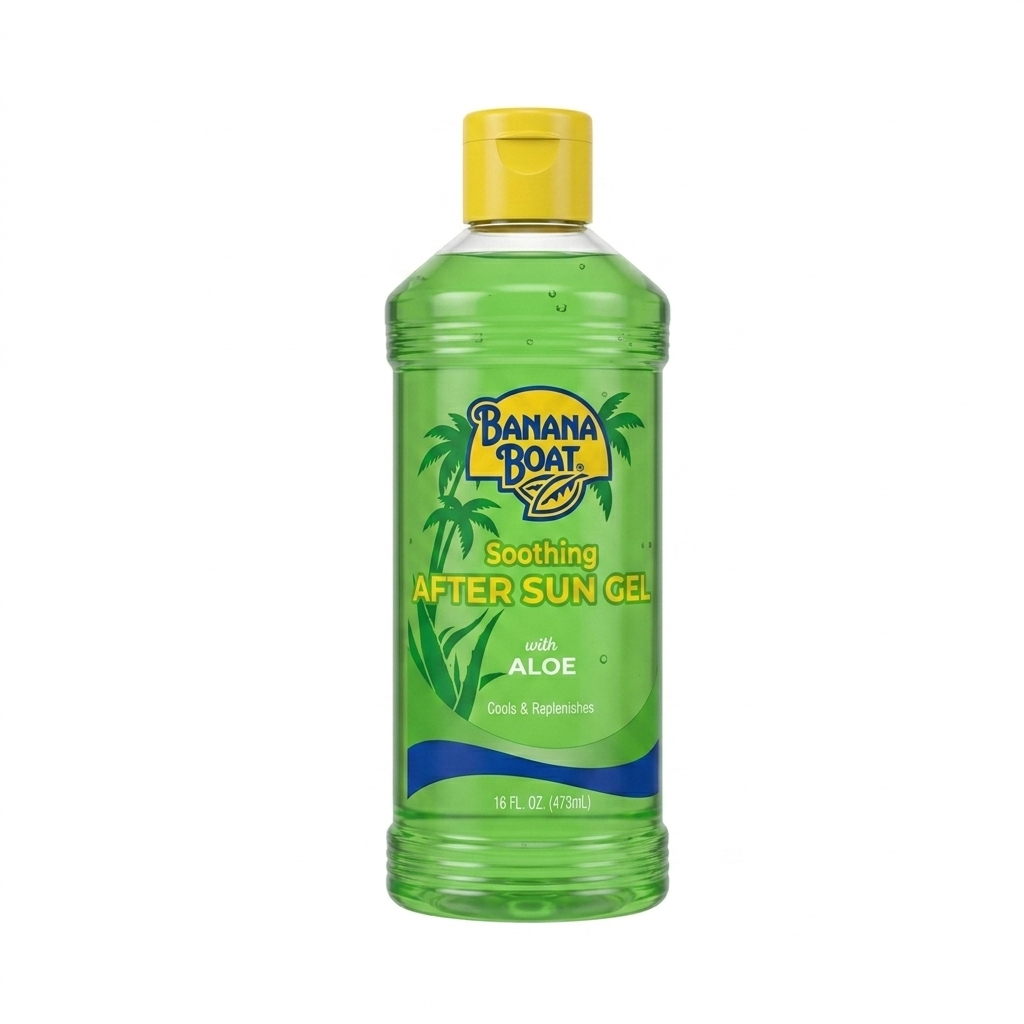Green bottle of Banana Boat soothing after sun gel with yellow cap on a white background