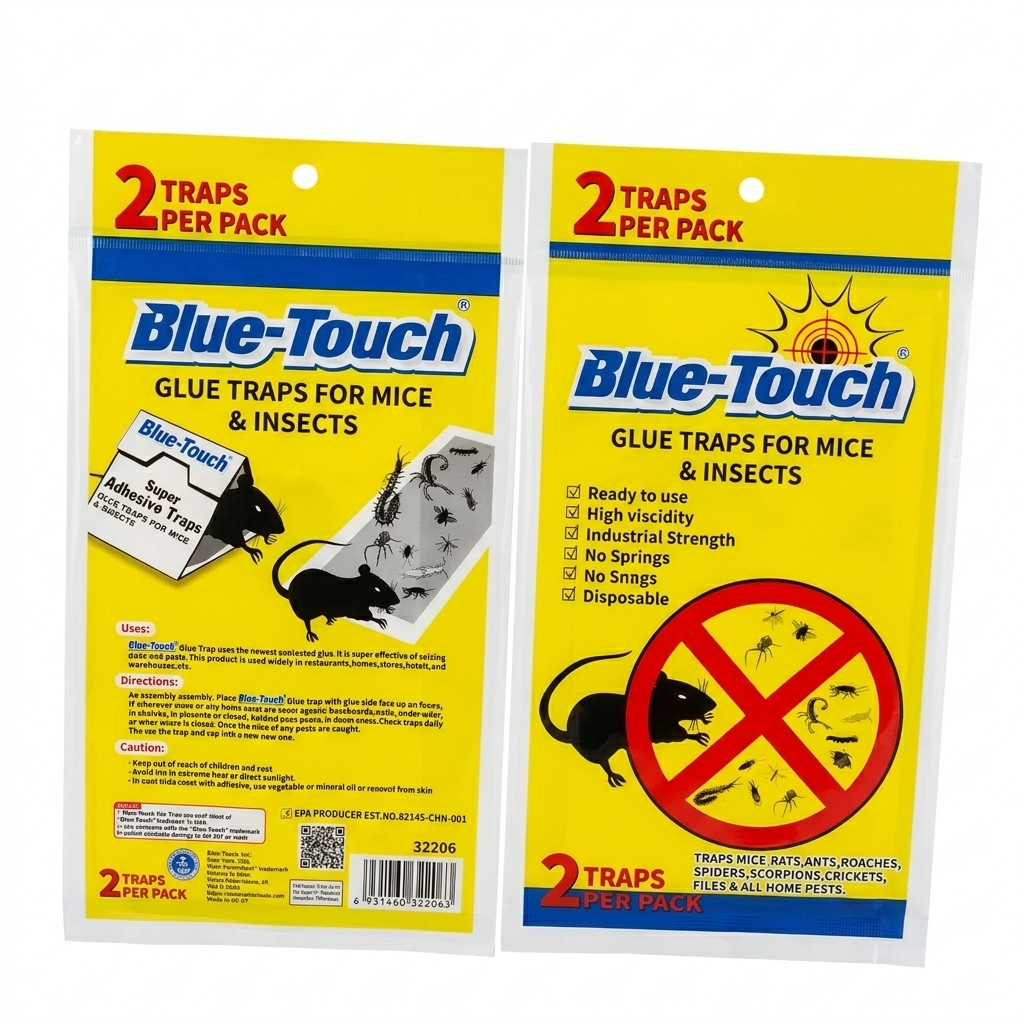 Two packages of Blue-Touch glue traps for mice and insects on a white background.