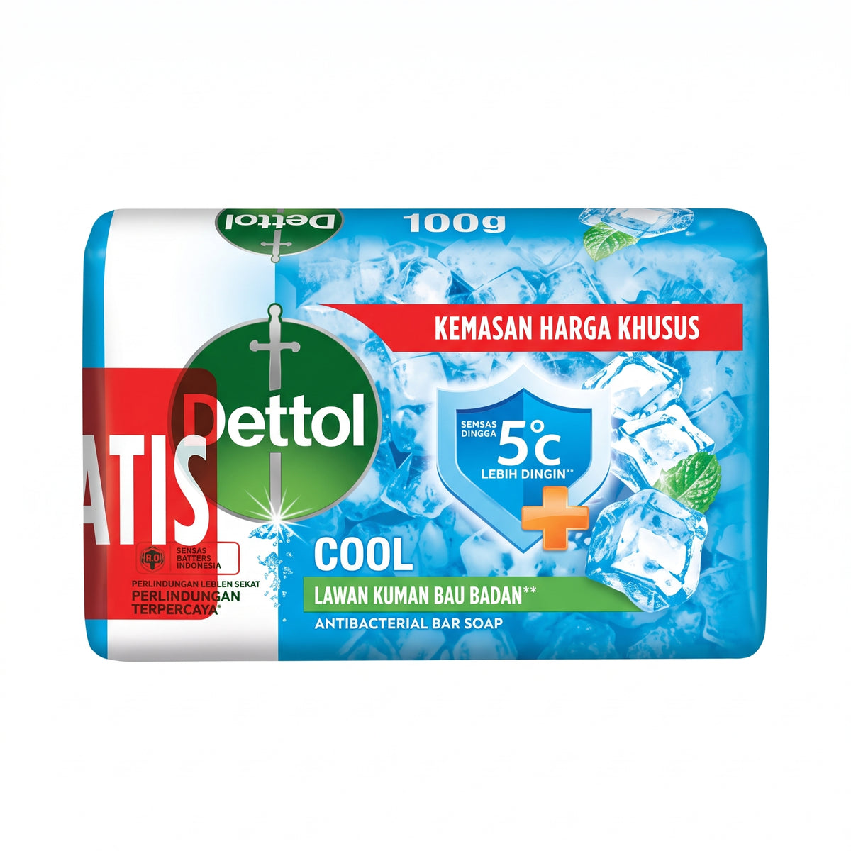 A 100g bar of Dettol Cool Antibacterial Bar Soap in its retail packaging, featuring a blue and white design with ice graphics, a green Dettol logo, and a red 'Kemasan Harga Khusus' banner.