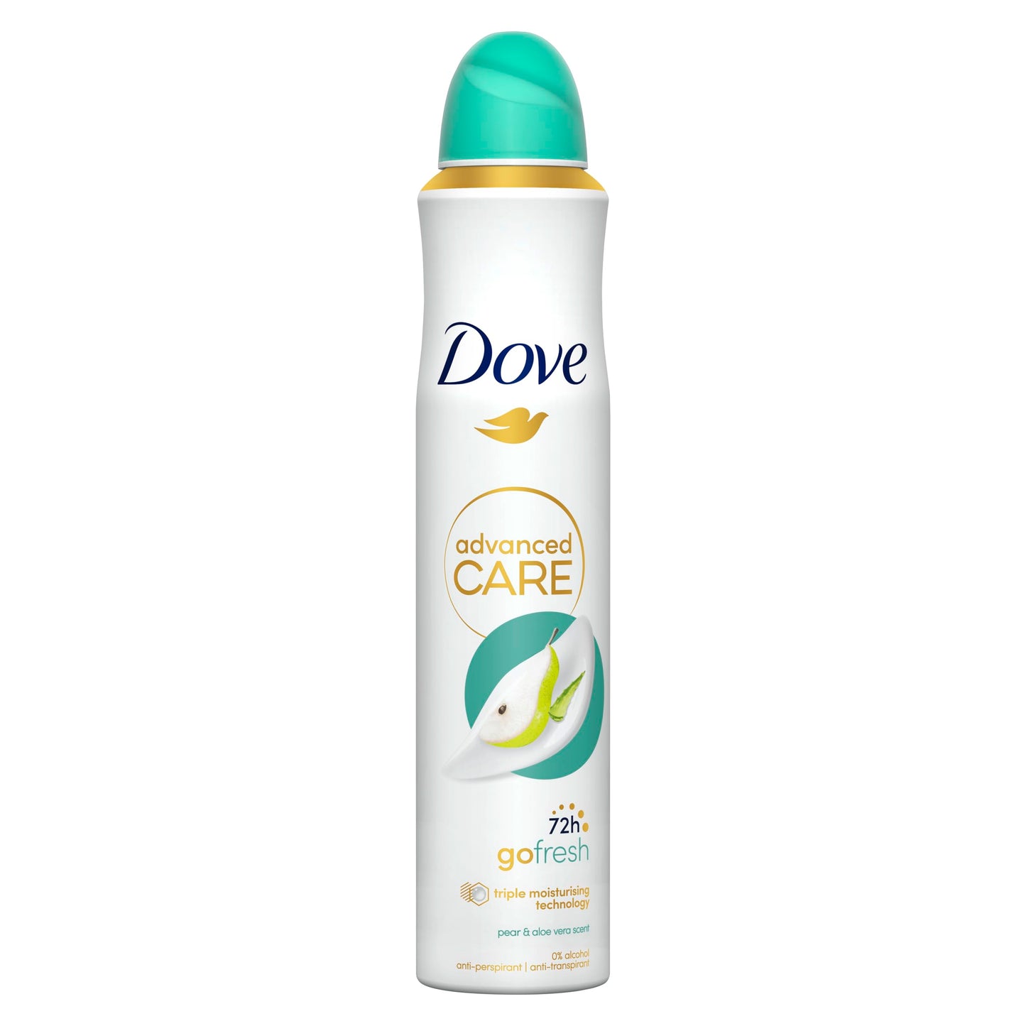 Dove advanced care deodorant spray bottle on a white background