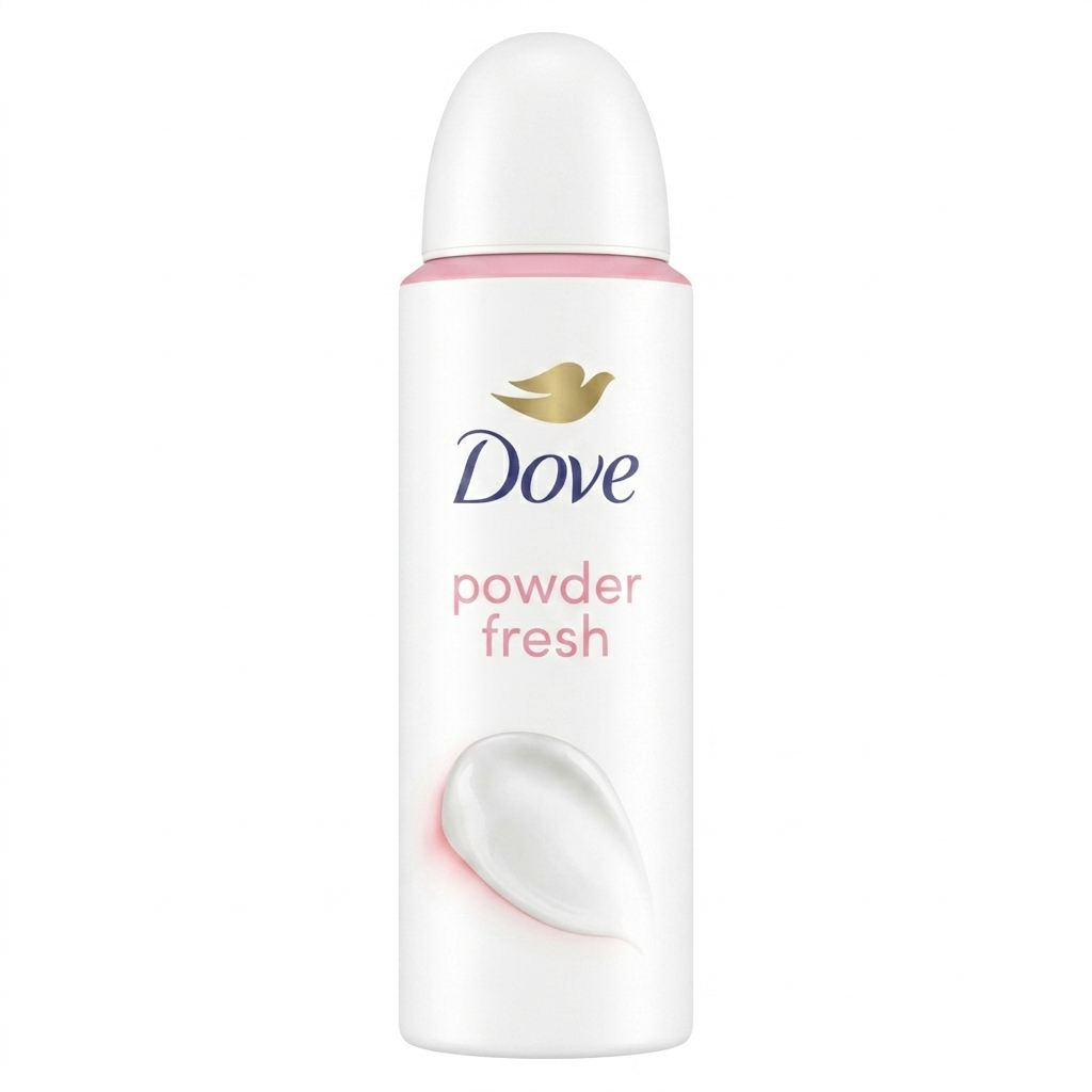 Dove powder fresh deodorant bottle on a white background
