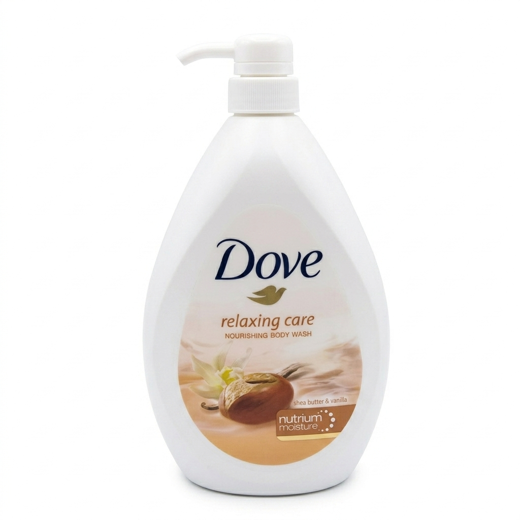 Dove relaxing care body wash bottle on a white background