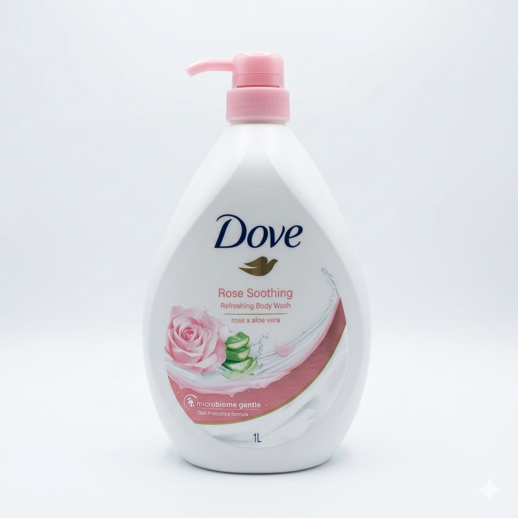 Dove Rose Soothing body wash bottle with a pink pump on a white background