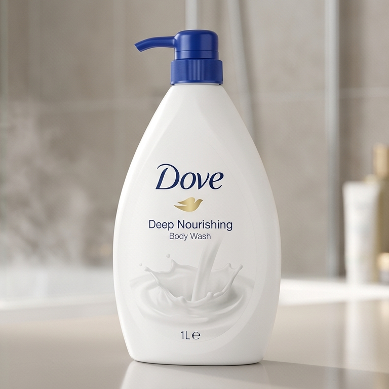 Dove Deep Nourishing body wash bottle with pump on a neutral background