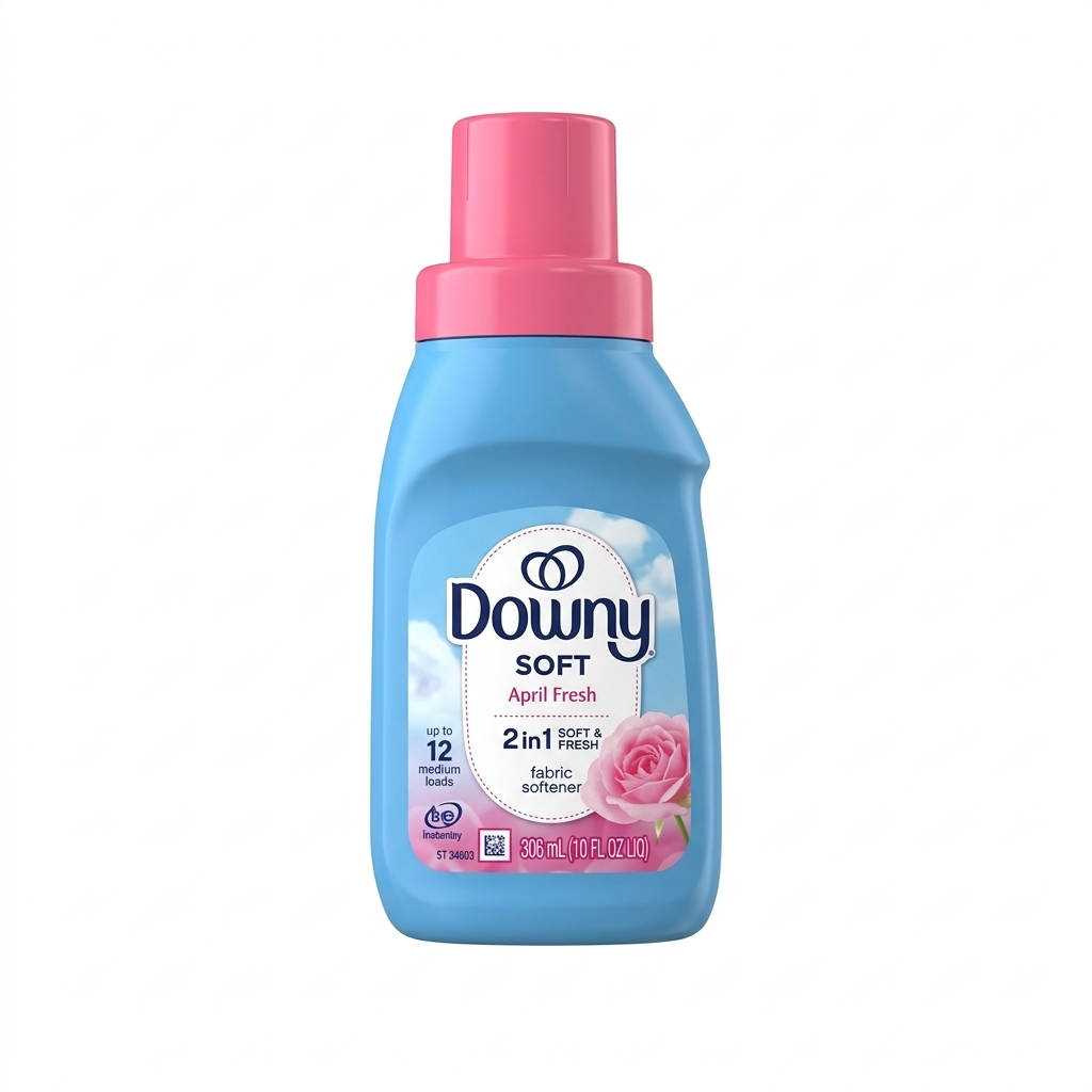 Downy Soft fabric softener bottle with pink cap on a white background