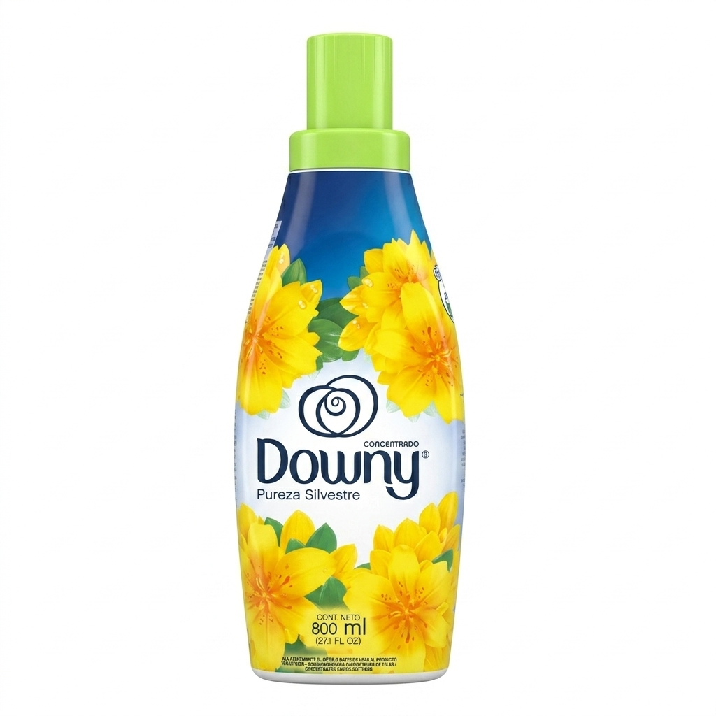 Downy fabric softener bottle with yellow flowers on a white background