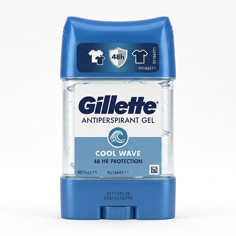 Gillette Antiperspirant Gel packaging with blue and white design on a white background