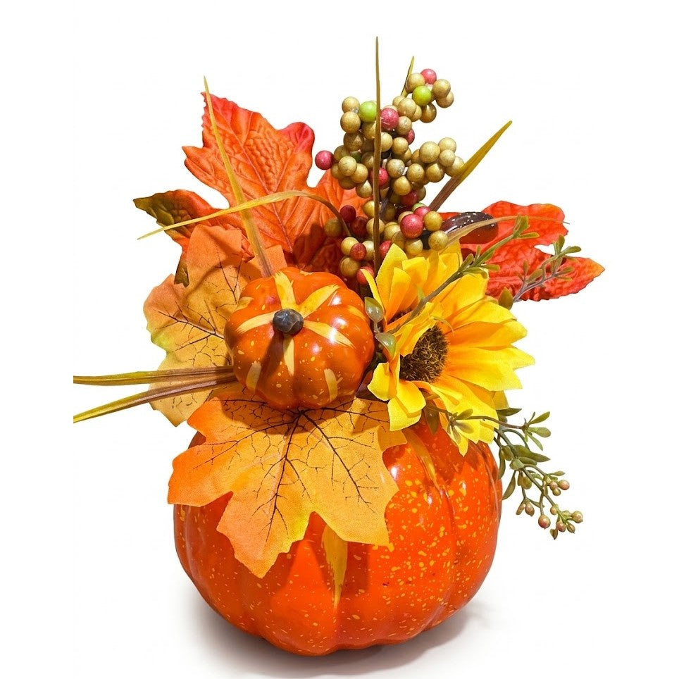 10" Artificial Fall Sunflower & Pumpkin Centerpiece Arrangement | Wholesale