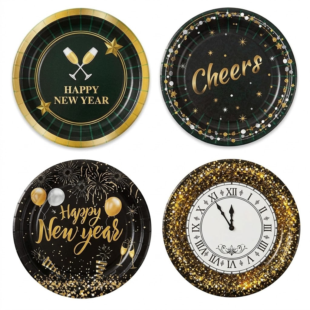 Partyrite 7" New Year's Eve Paper Plates (10-Count Pack) - Black & Gold Party Designs | Wholesale