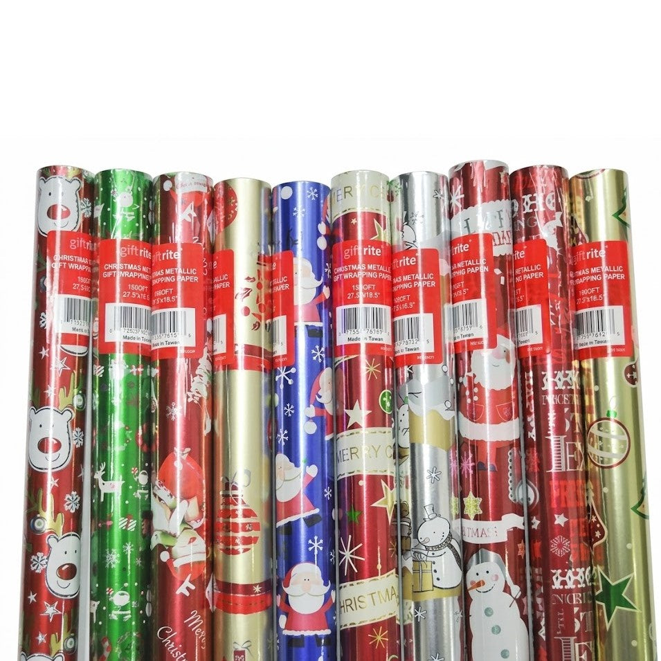 Giftrite 15 Sq. Ft. Christmas Metallic Foil Gift Wrapping Paper Rolls (Assorted Festive Designs) | Wholesale