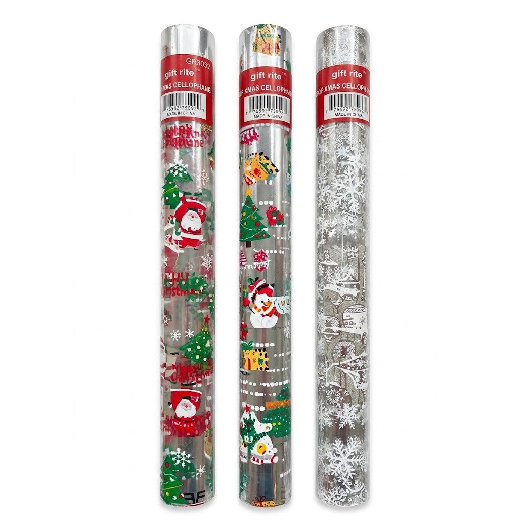 GiftRite 15 Sq Ft Christmas Printed Cellophane Gift Wrap Rolls (Assorted Designs) | Wholesale