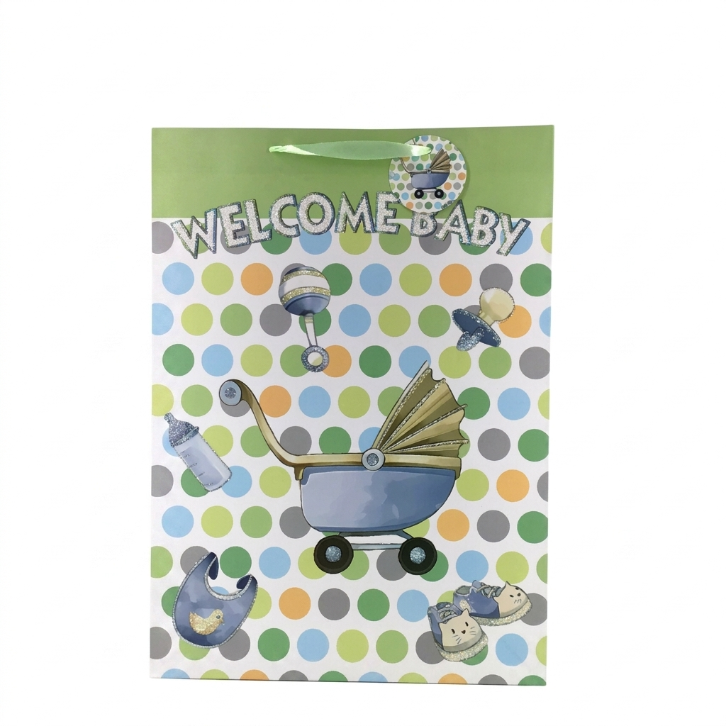 Baby shower gift bag with polka dot pattern and baby-related illustrations on a white background