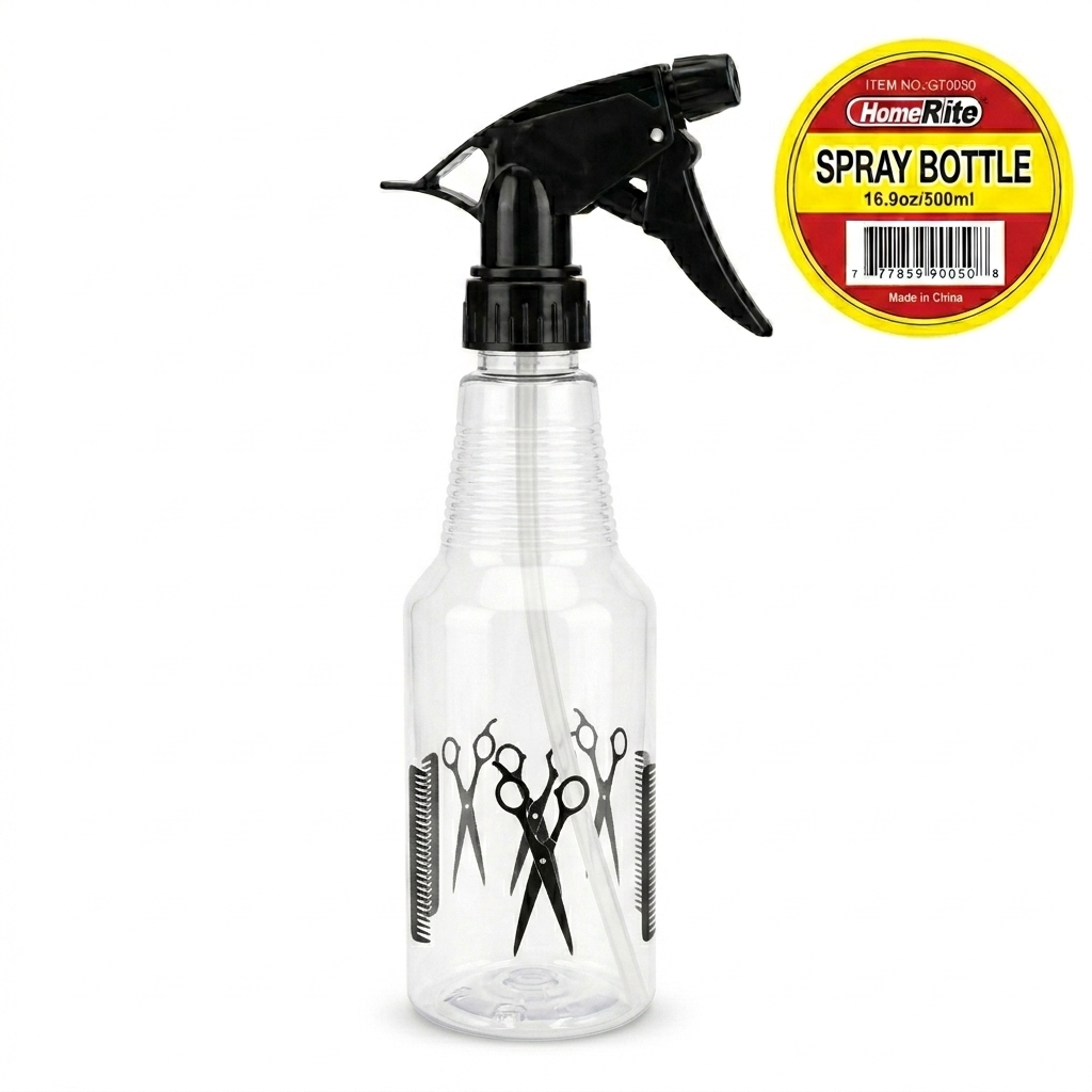 Clear spray bottle with black nozzle and scissors design, featuring a HomeRite label.