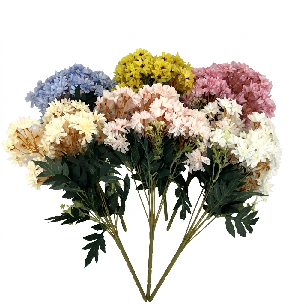 Bouquet of artificial flowers in various colors on a white background