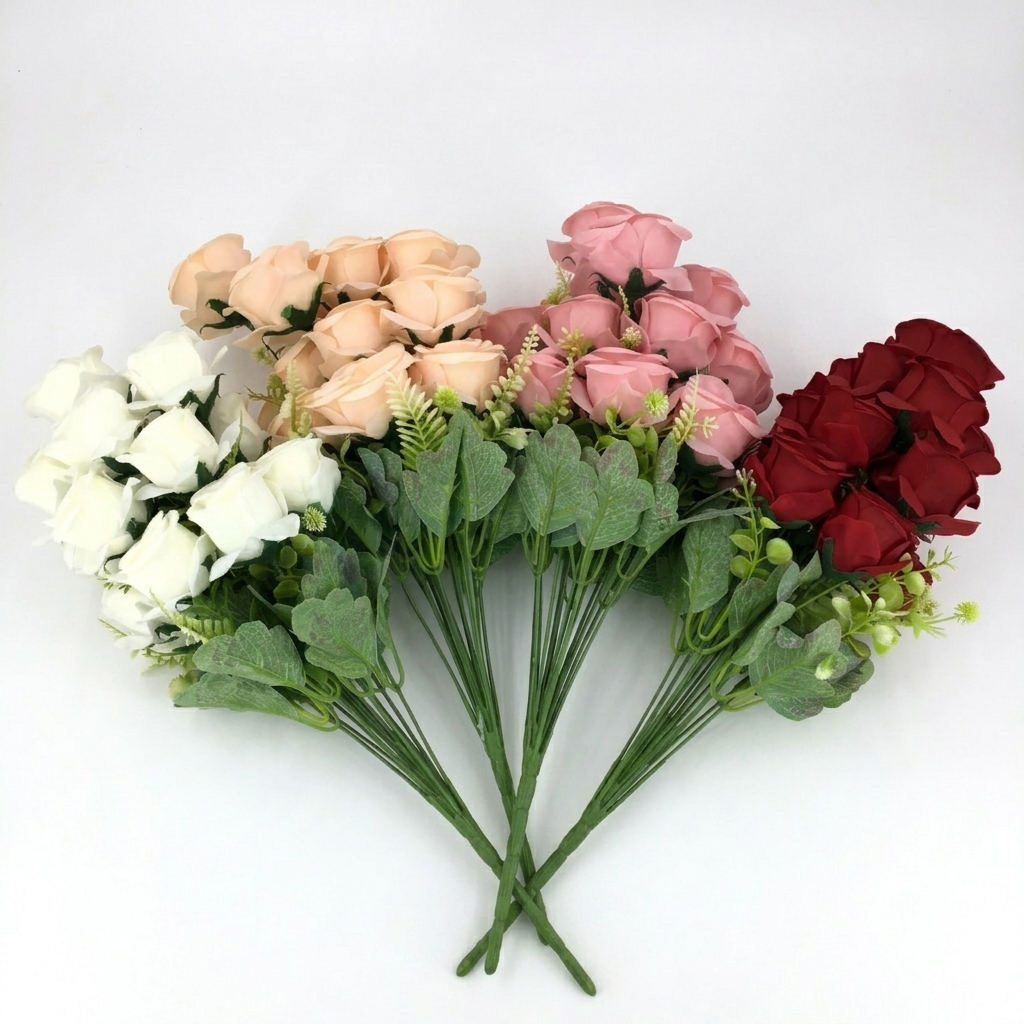 Bouquets of artificial flowers in white, pink, and red on a white background