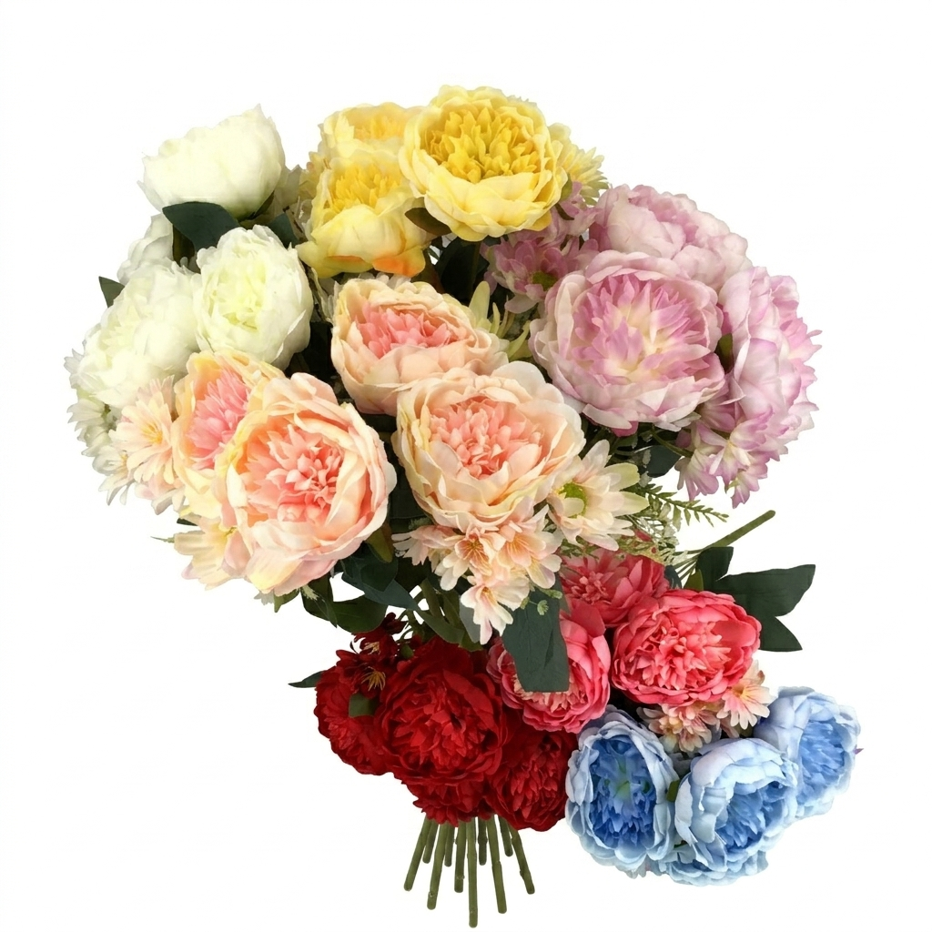 Bouquet of colorful artificial peonies on a white background