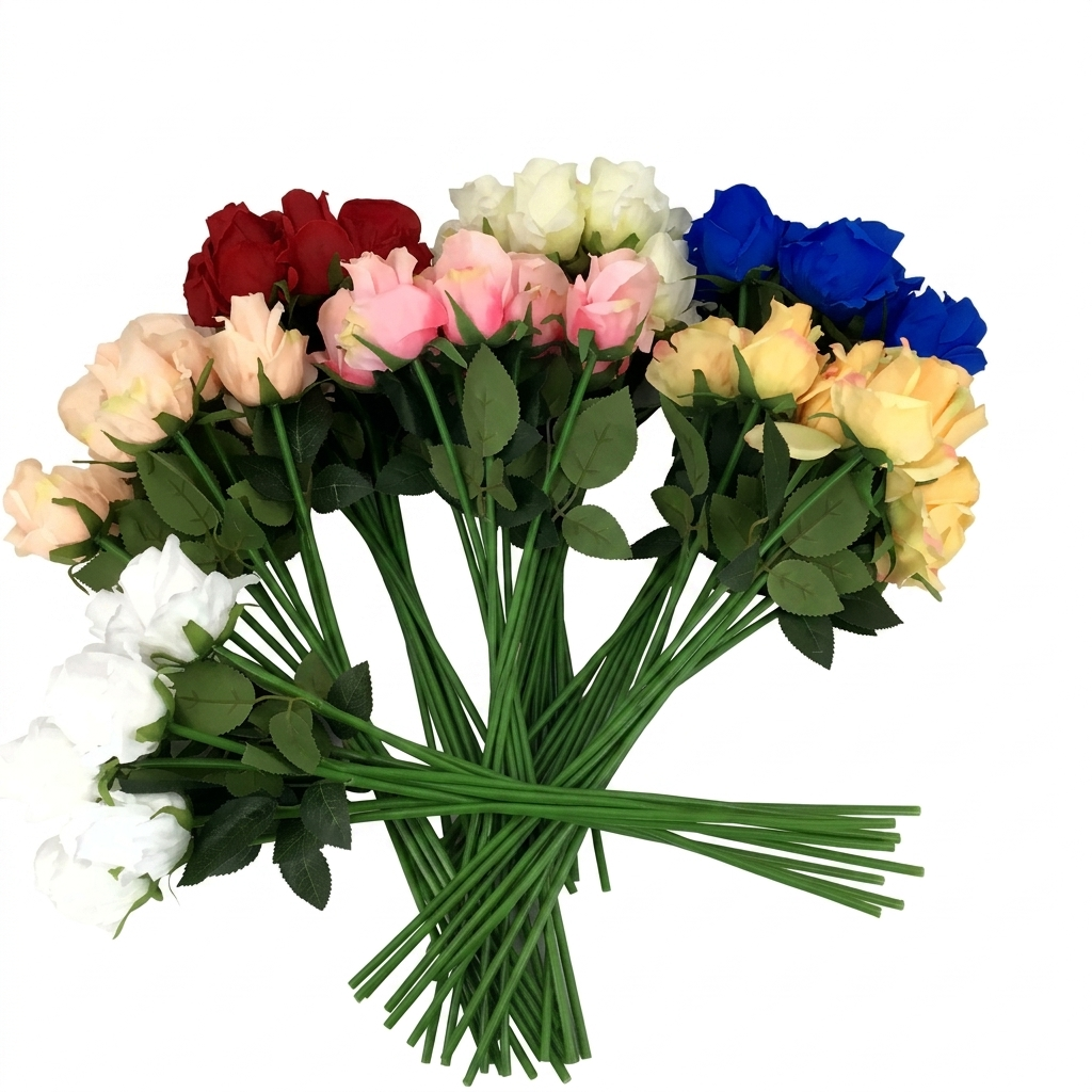 Bouquet of colorful artificial roses on a white background