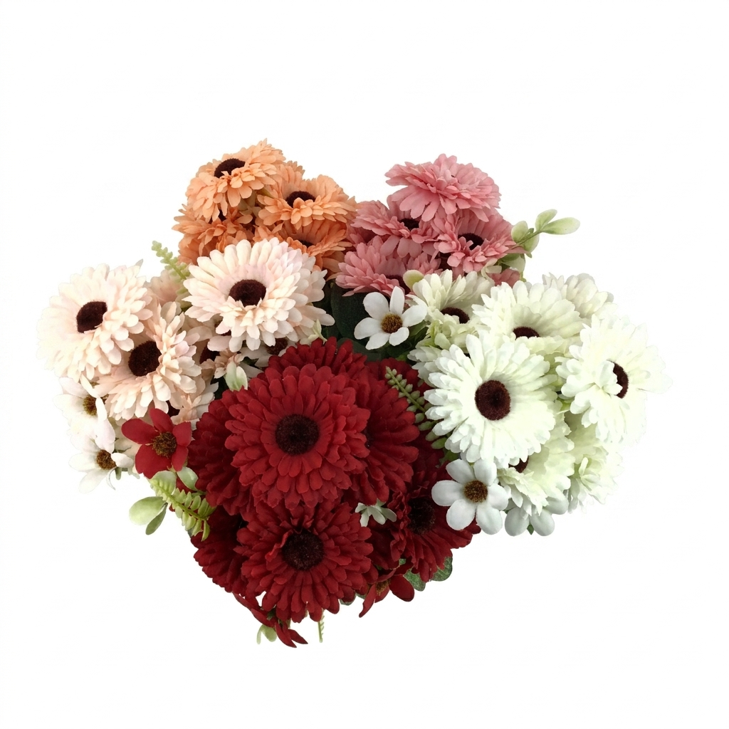 Bouquet of colorful flowers including red, white, and pink on a white background