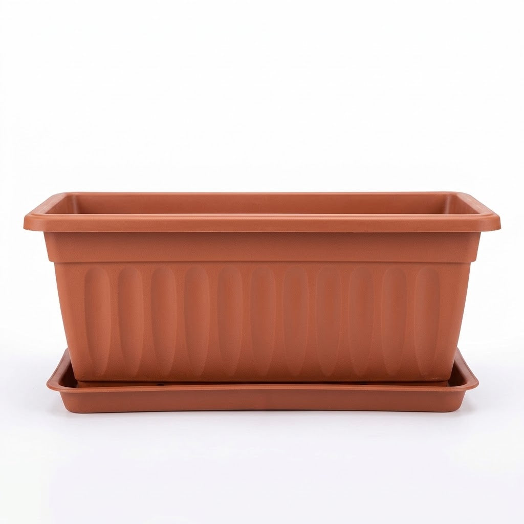 13.5" Rectangular Plastic Window Box Planter with Drainage Tray, Terracotta, Wholesale
