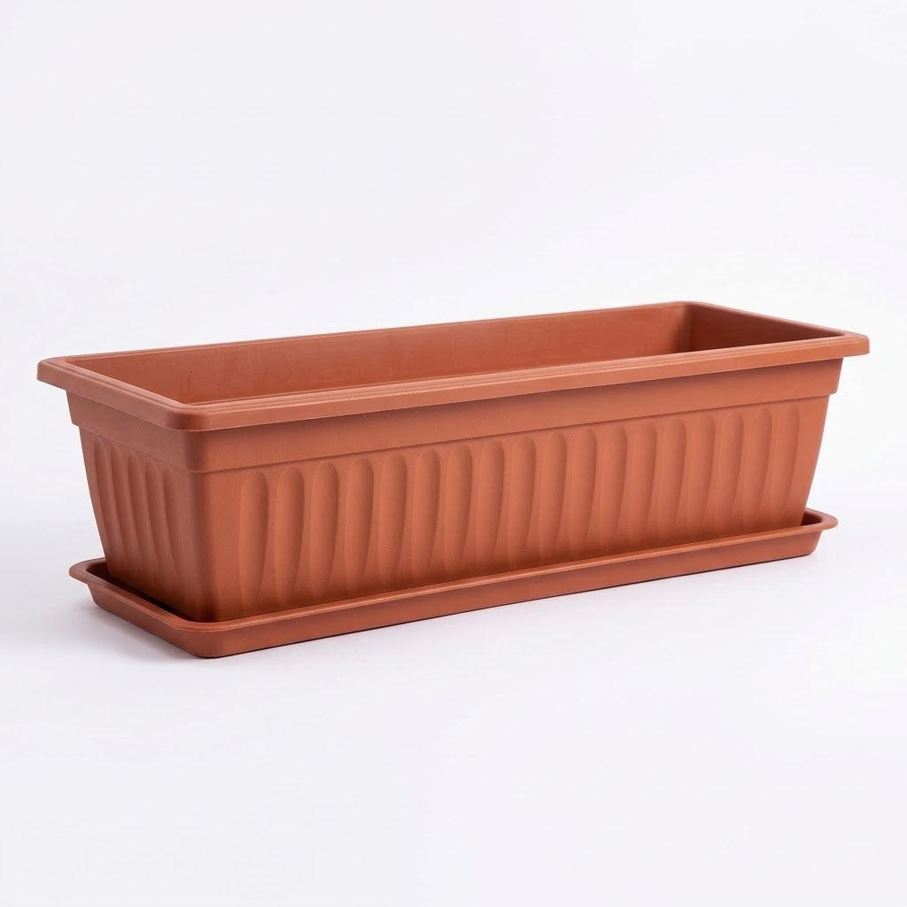 23" Rectangular Plastic Window Box Planter with Drainage Tray, Terracotta, Wholesale