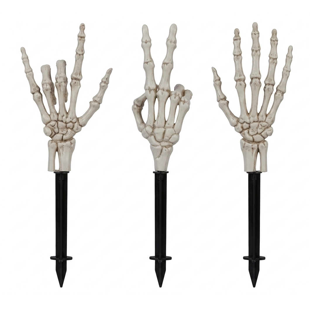 Three plastic skeleton hand garden stakes shown against a plain white background.