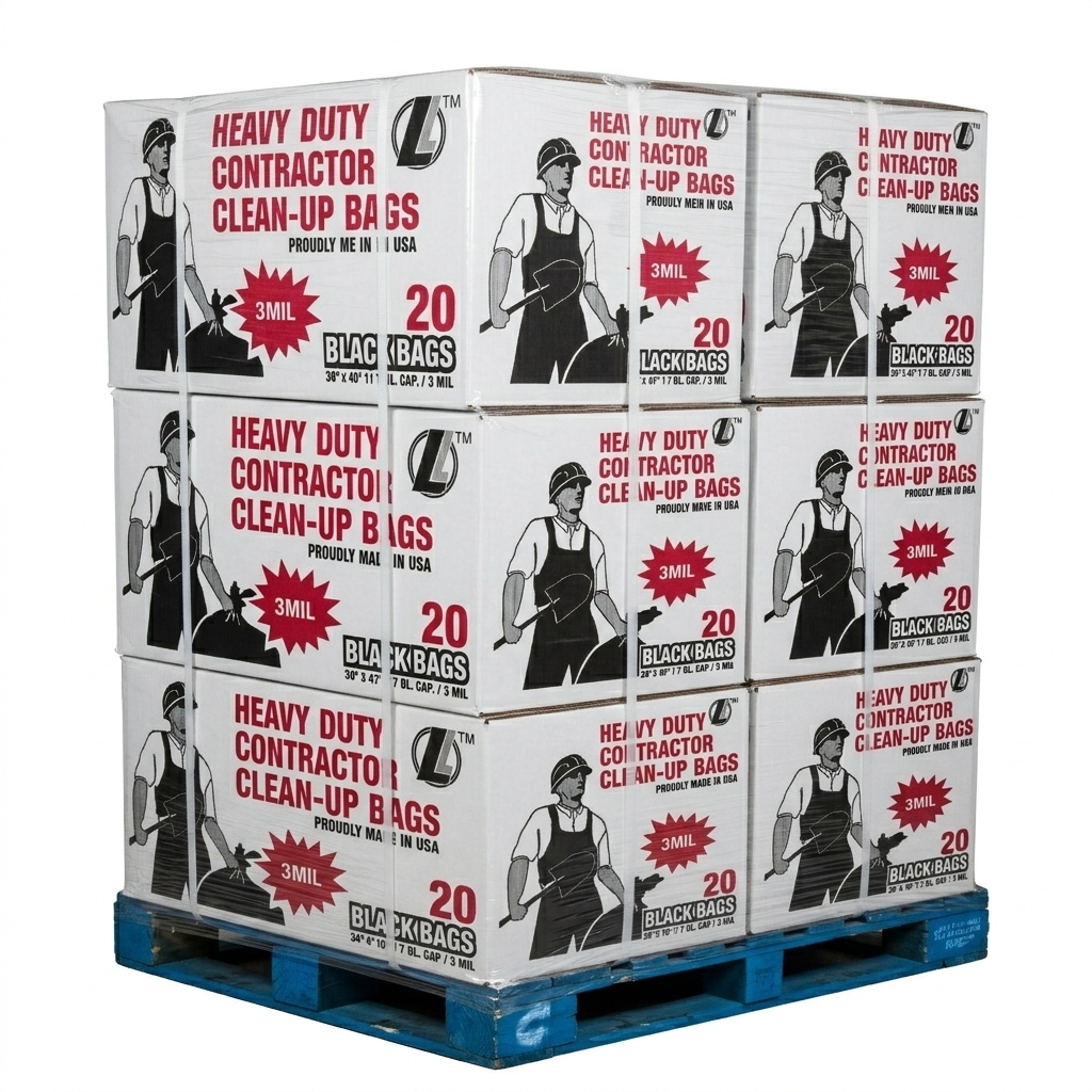 Stack of boxes containing heavy-duty contractor clean-up bags on a pallet.