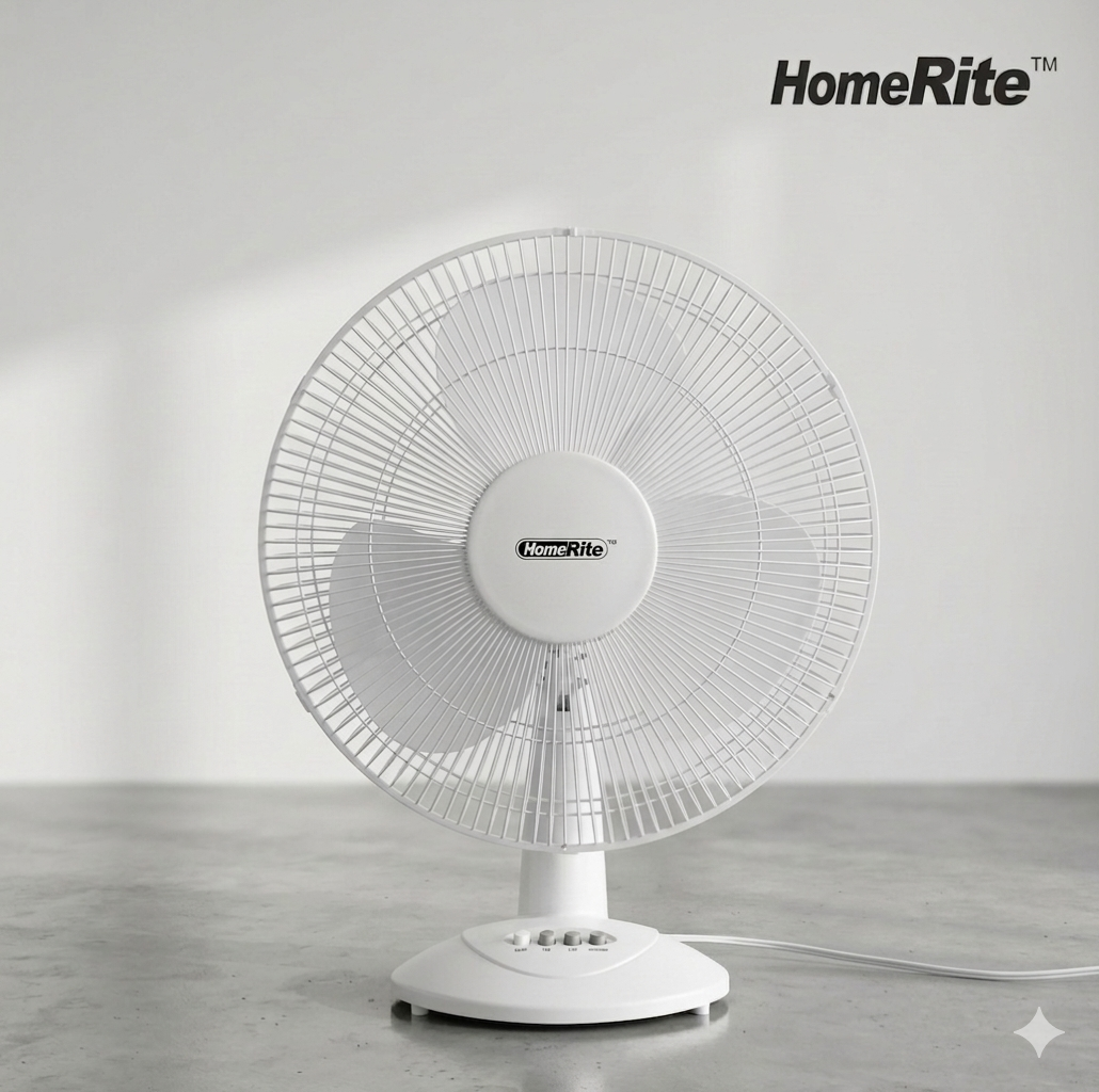 White HomeRite table fan on a gray surface with a light gray background