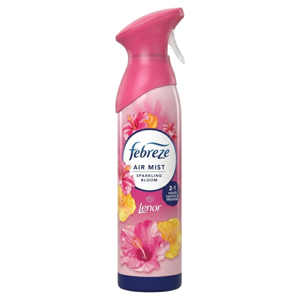 Febreze sparkling bloom air freshener spray bottle with floral design on a white background