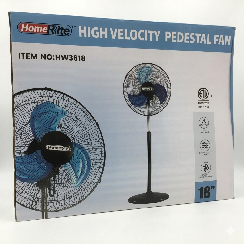 Box of HomeRite high velocity pedestal fan with illustrations and text on a white background