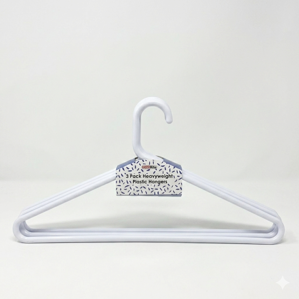 White hanger with a label on a light gray background