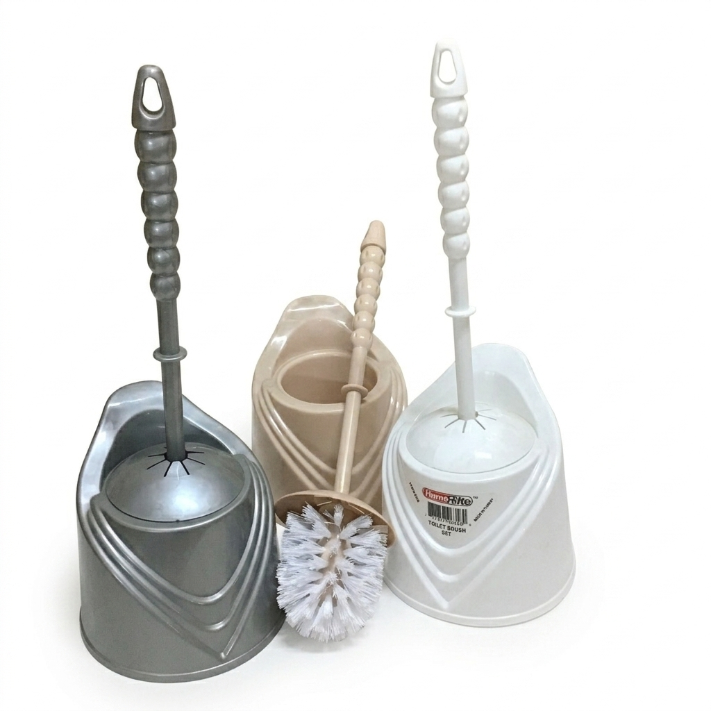 Set of three cleaning brushes in different colors with holders on a white background