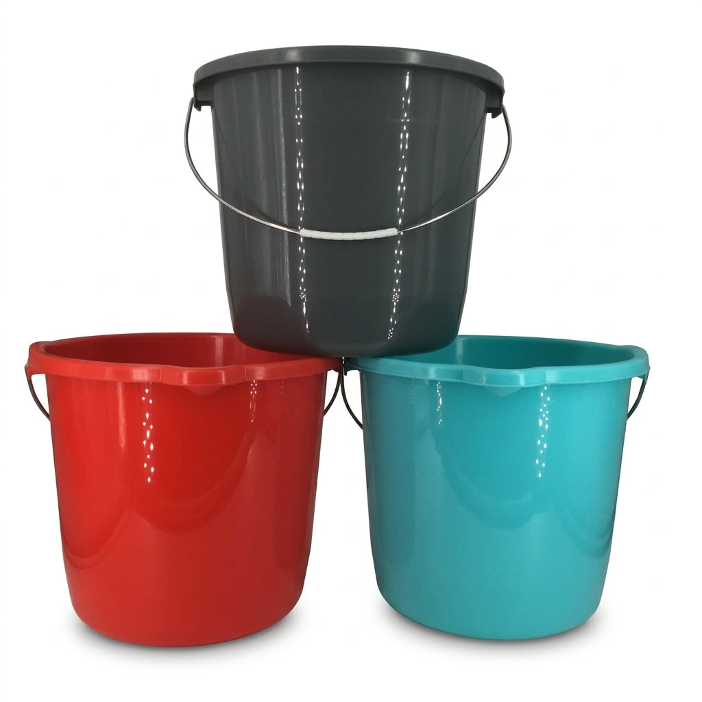 Three plastic buckets stacked in a pyramid arrangement on a white background, with one dark gray bucket on top and two smaller buckets in red and turquoise below.