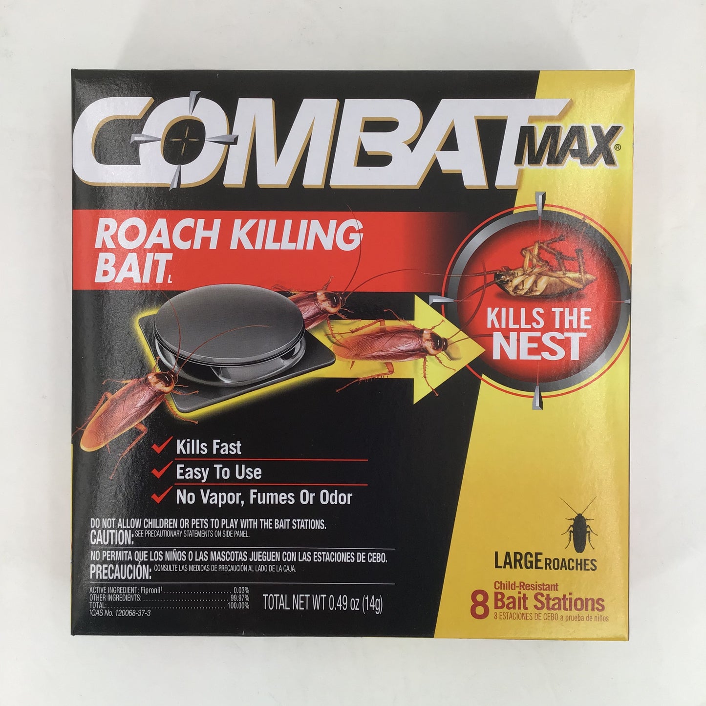 Combat Max roach killing bait packaging on a white background