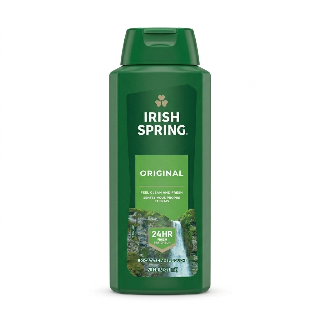 Green bottle of Irish Spring Original body wash on a white background