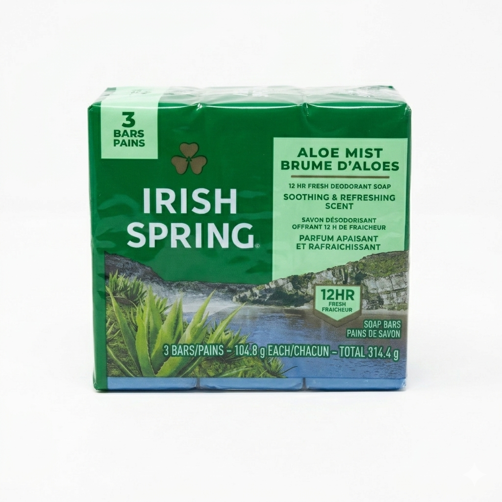 Irish Spring soap packaging with aloe vera imagery on a white background