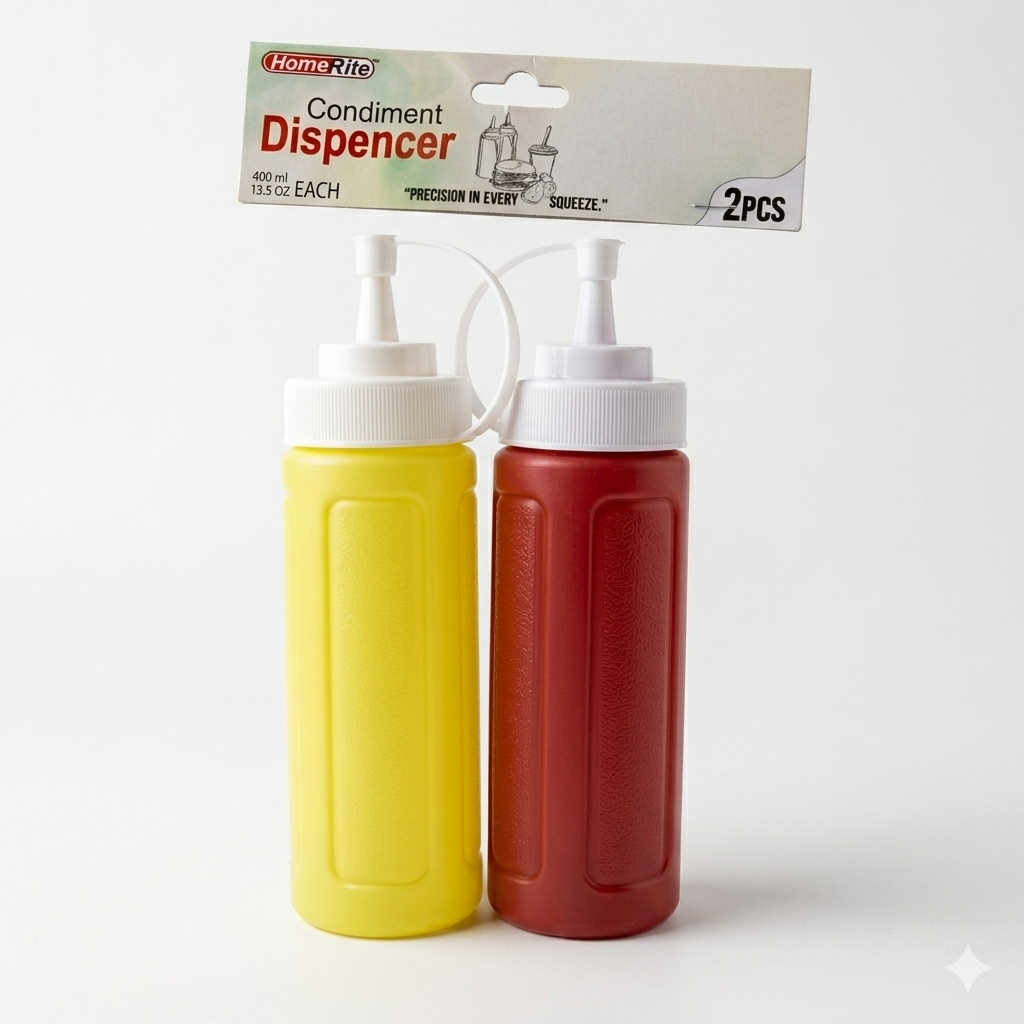 Two condiment dispensers, one yellow and one red, with a Home Rite brand package on a white background.