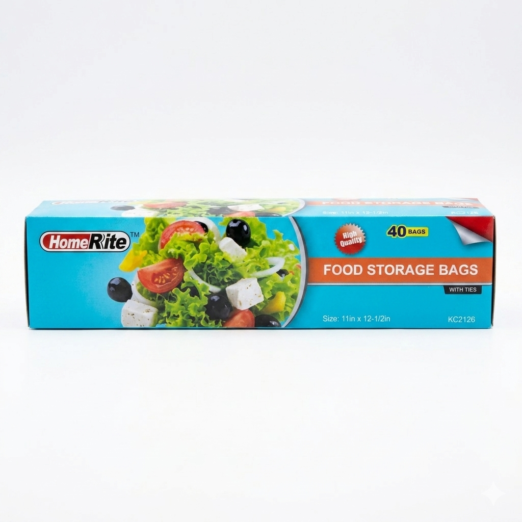 Box of HomeRite food storage bags with a salad image on a white background