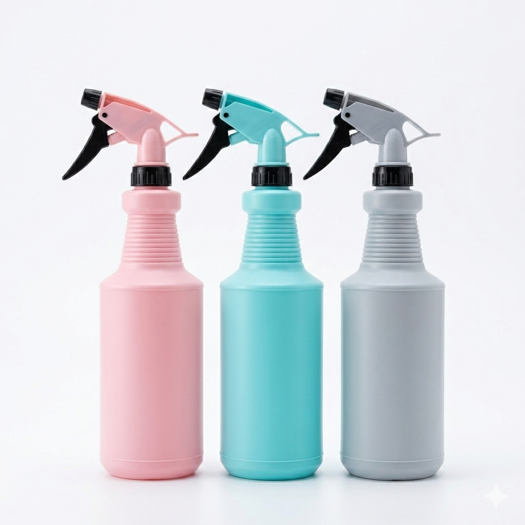 Three colorful spray bottles with different nozzle designs on a white background