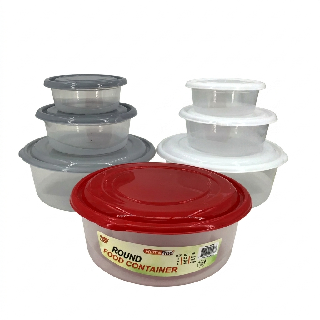 Set of round food containers with various colored lids on a white background