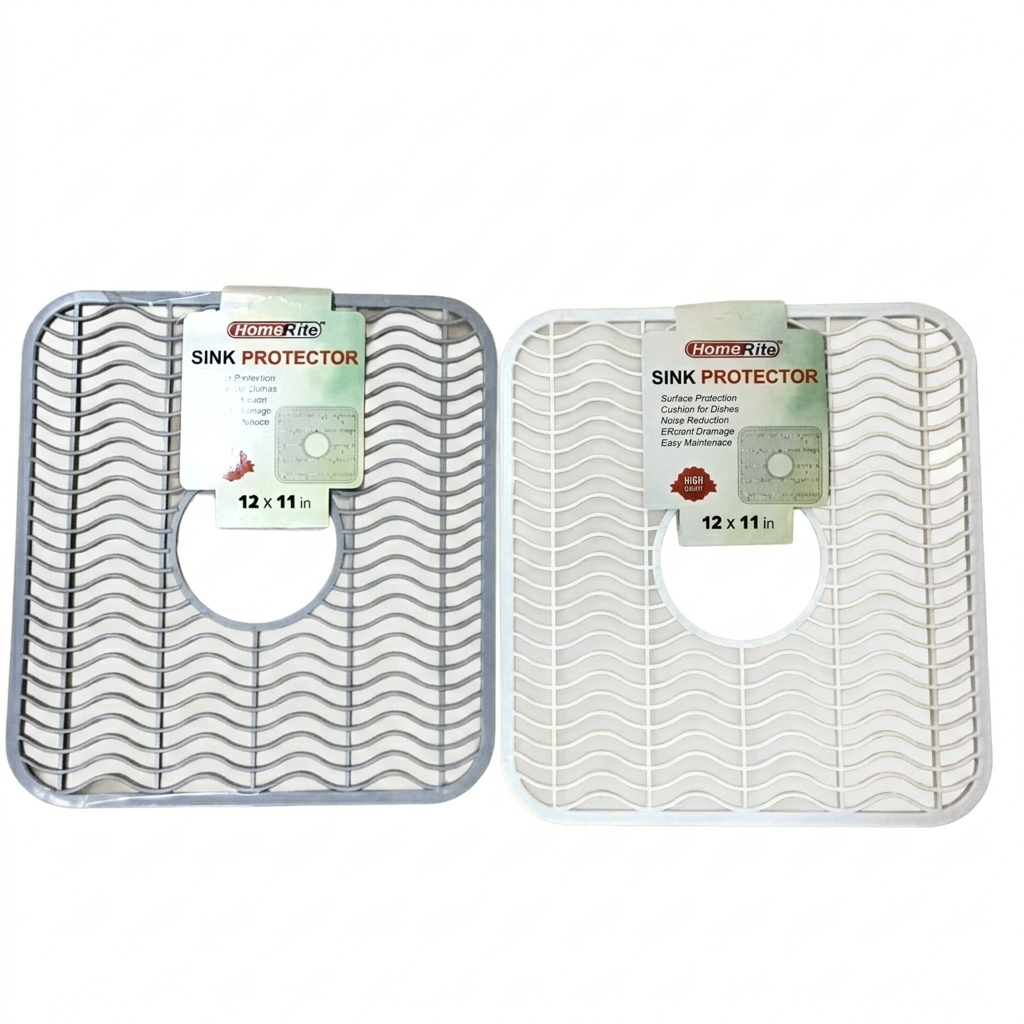Two sink protectors with labels on a white background