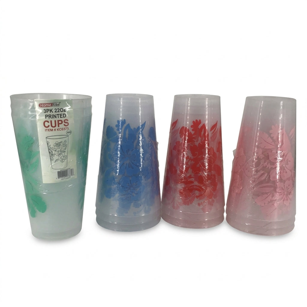 Four clear plastic cups with printed floral designs in green, blue, red, and pink, displayed on a white background. One cup still has its retail paper sleeve attached.