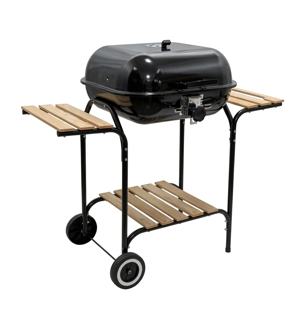 HomeRite 41-inch black charcoal grill with two wooden side trays and bottom storage shelf on a white background