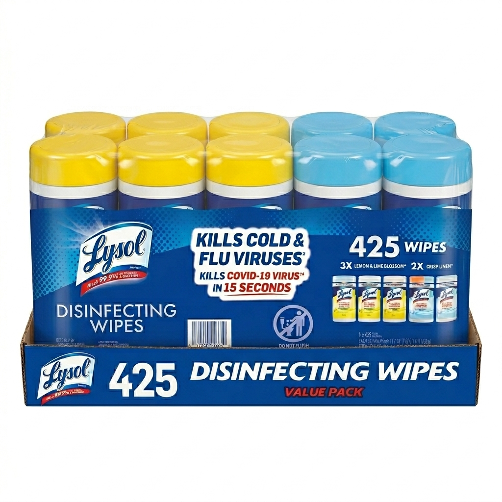 Lysol disinfecting wipes packaging with 425 wipes on a white background