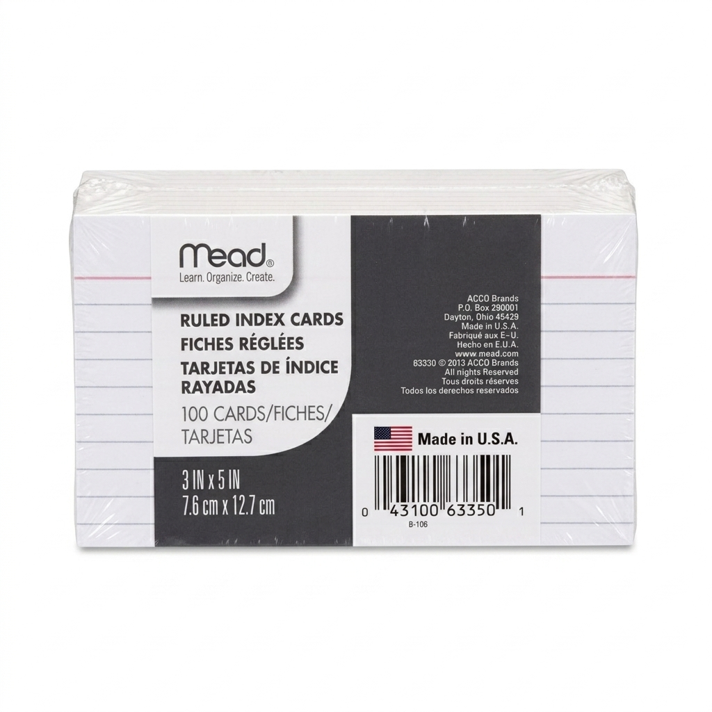 Pack of Mead ruled index cards with label on a white background