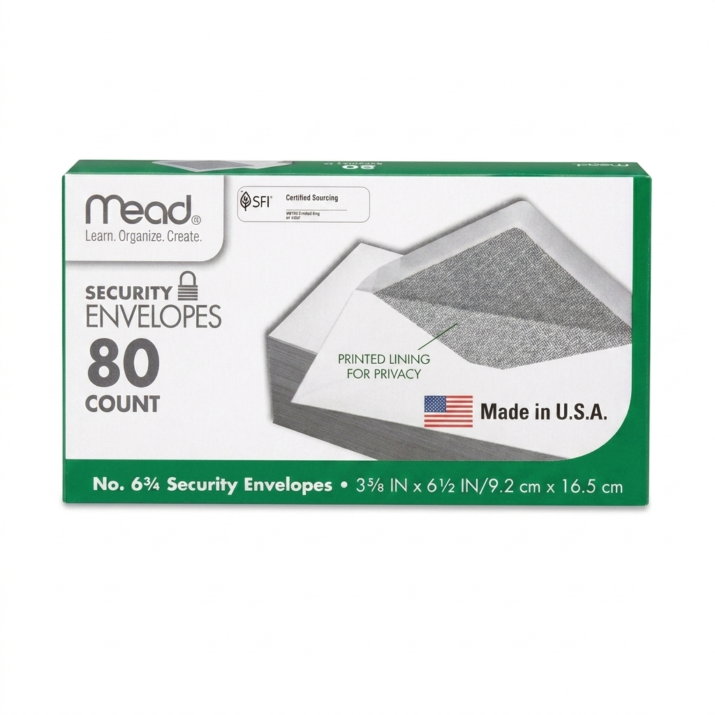 Mead security envelopes packaging with text and an envelope image on a white background