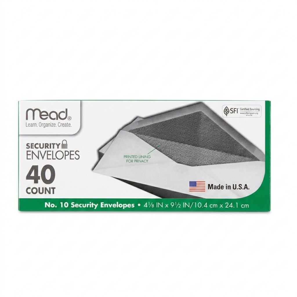 Box of Mead security envelopes with a clear envelope on a white background