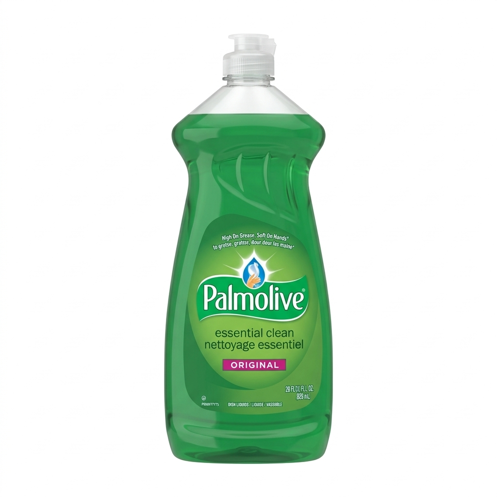 Green bottle of Palmolive dish soap on a white background